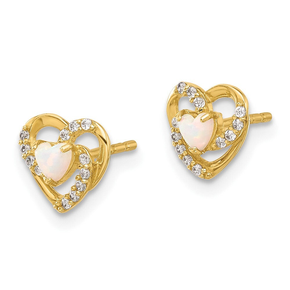 14k Yellow Gold Cubic Zirconia and Created Opal Heart Stud Earrings