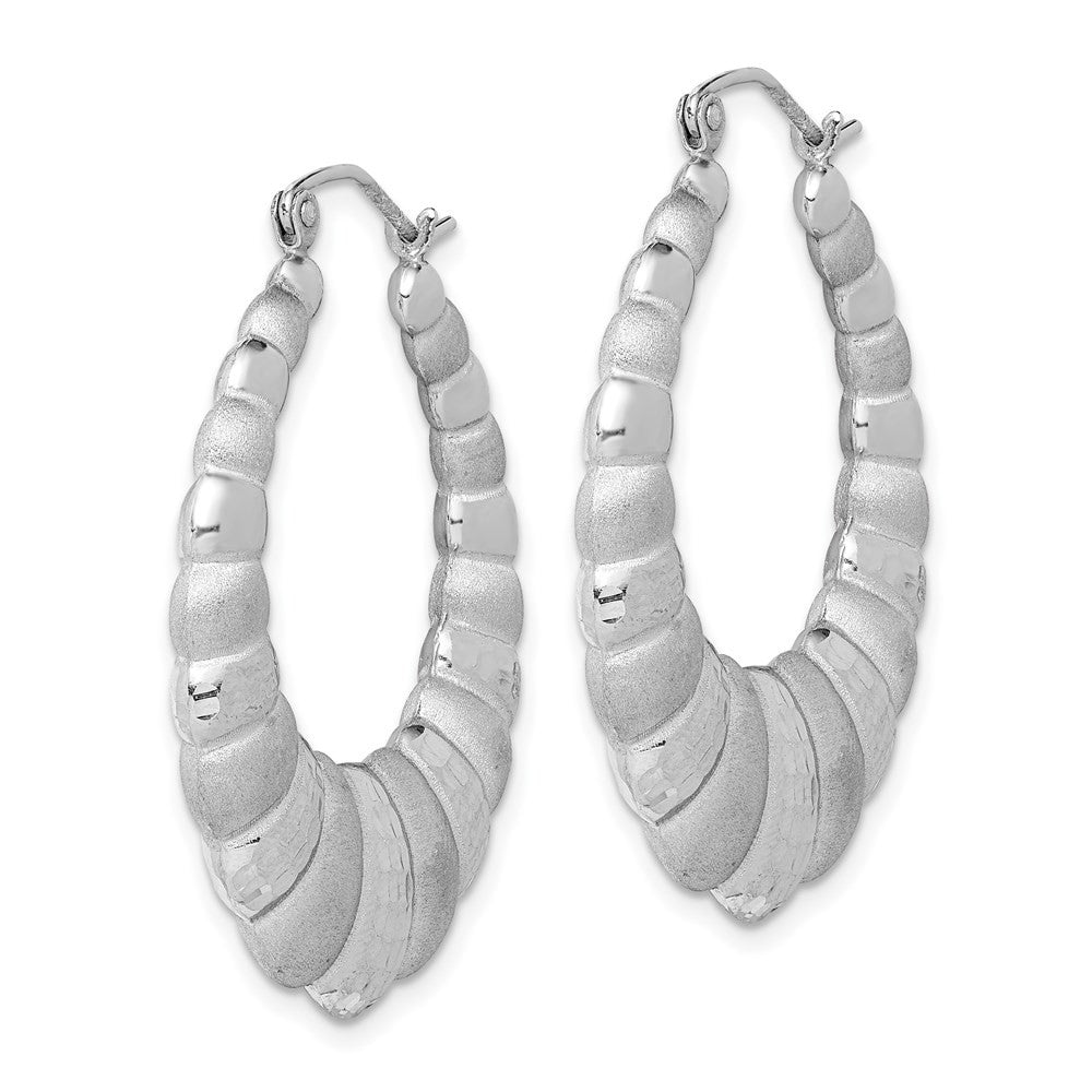 Sterling Silver Rhodium-plated Satin & Diamond-Cut Shrimp Oval Hoop Earrings