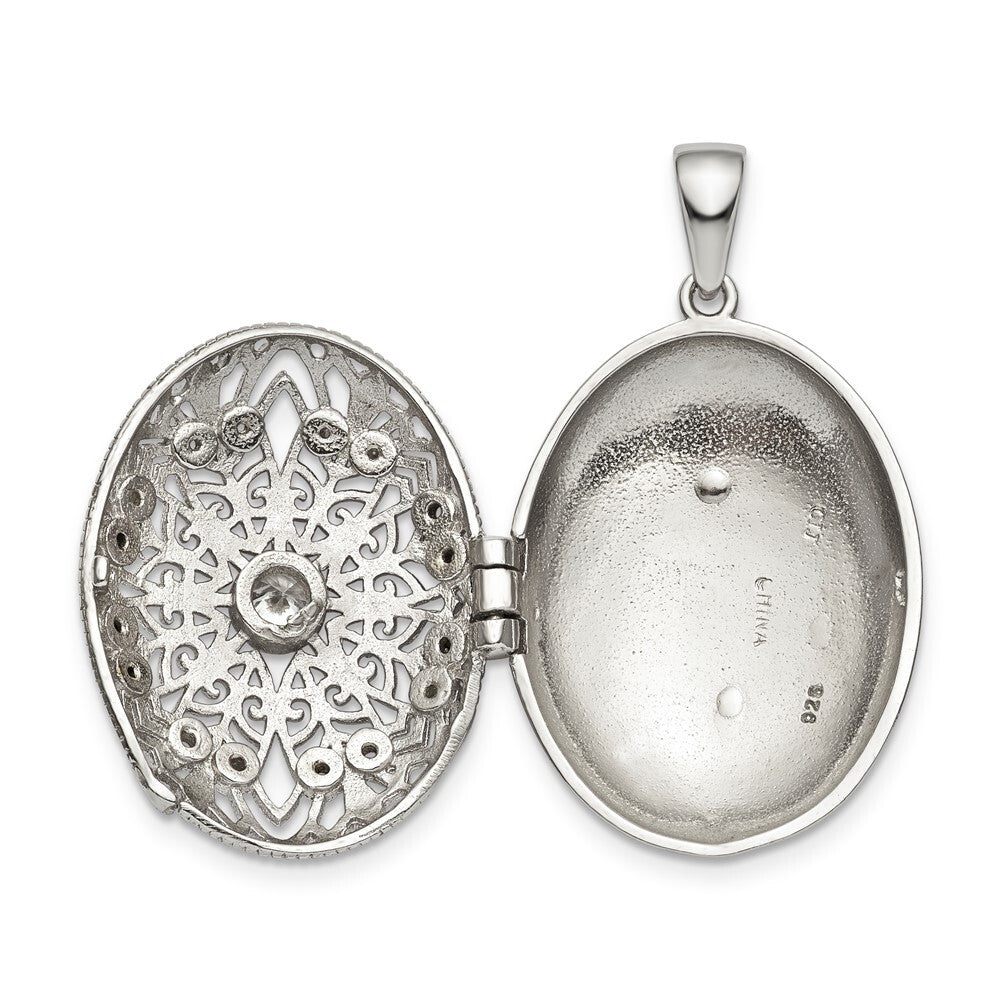 Sterling Silver Cubic Zirconia Filigree Top Polished Back Oval Locket