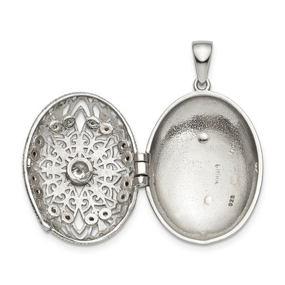 Sterling Silver Cubic Zirconia Filigree Top Polished Back Oval Locket