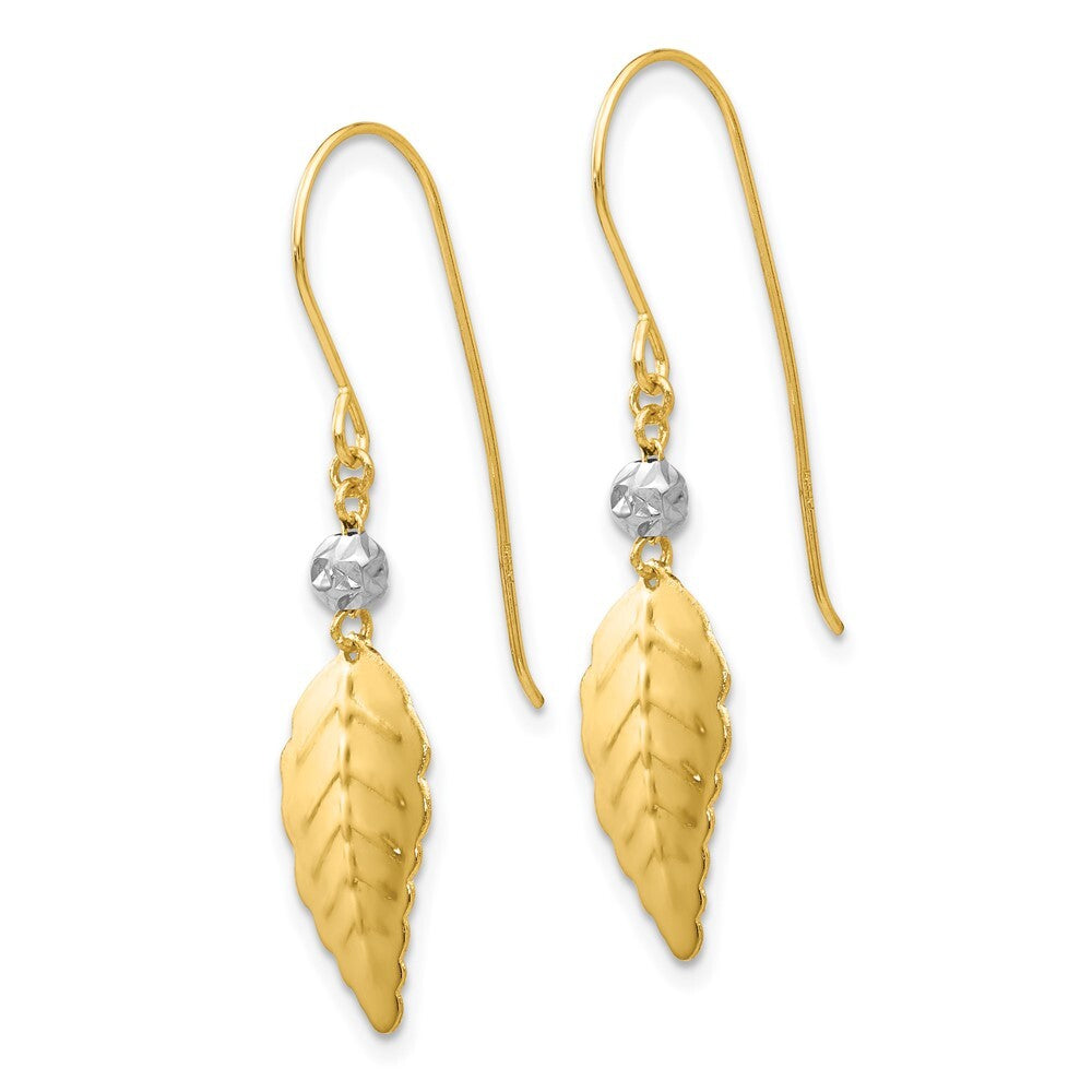 14K Two Tone Gold Stamped Leaf Shepherd Hook Drop & Dangle Earrings