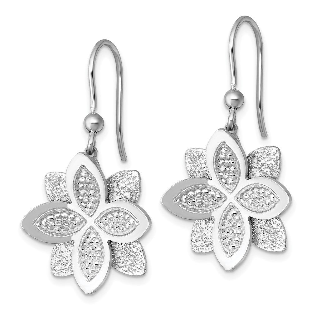 Sterling Silver Polished Brushed & Textured Flower Shepherd Hook Dangle Earrings