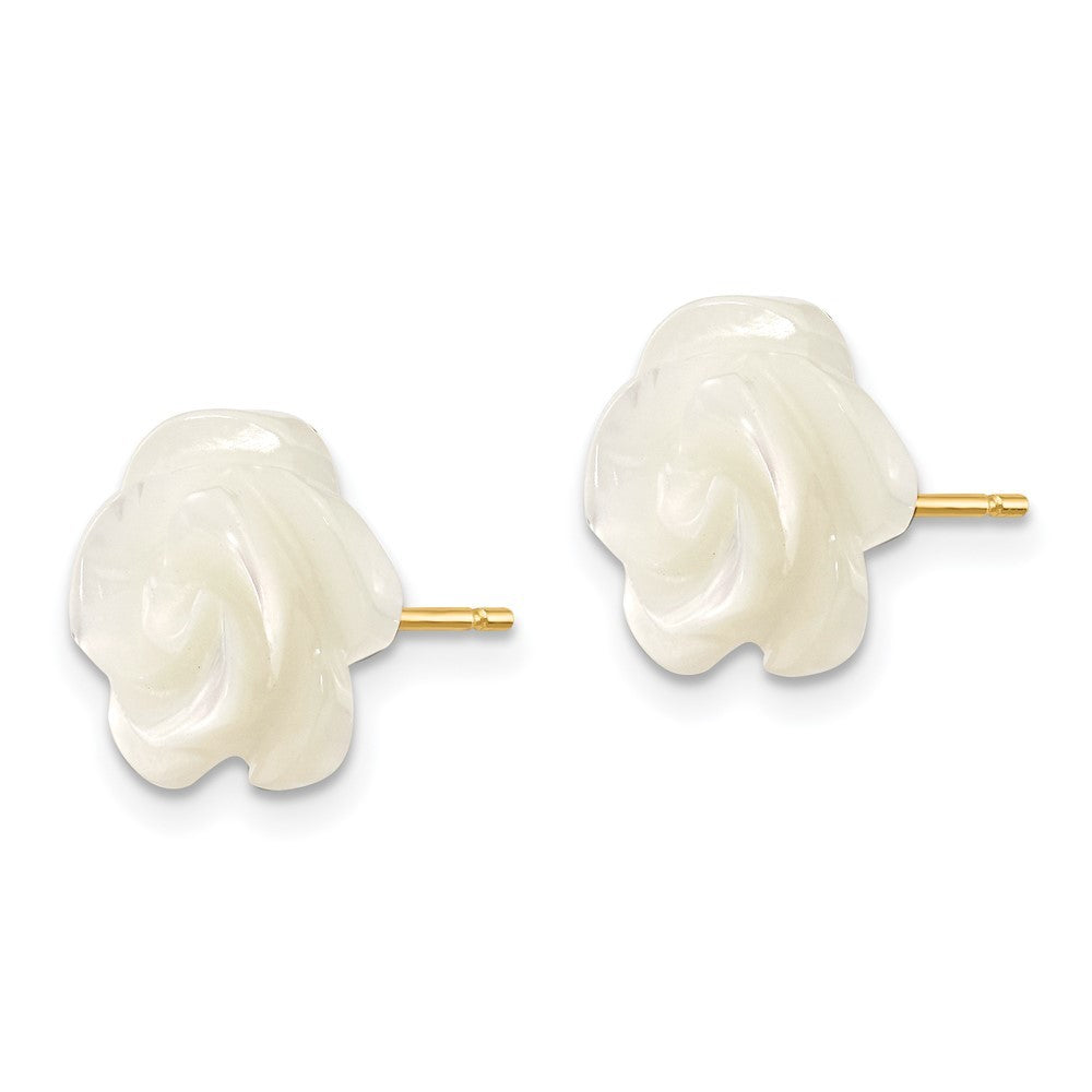 14k Yellow Gold 10mm White Mother of Pearl Flower Design Stud Earrings