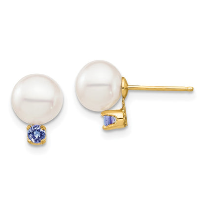 14k Yellow Gold 7-7.5mm Freshwater Cultured Pearl & Tanzanite Earrings