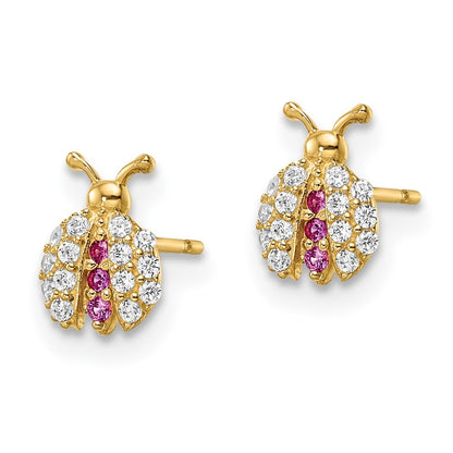 14k Yellow Gold Clear & Red Cubic Zirconia Lady Bug Stud Earrings