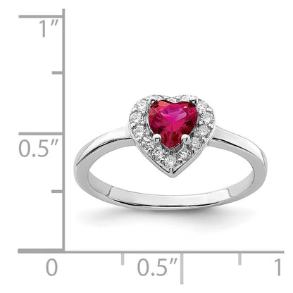 Sterling Silver Rhodium-plated Lab Cr Corundum & Cubic Zirconia Heart Ring SZ 7