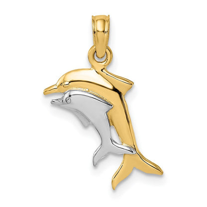 14k Yellow Gold w/ Rhodium 2-D Polished Dolphins Charm