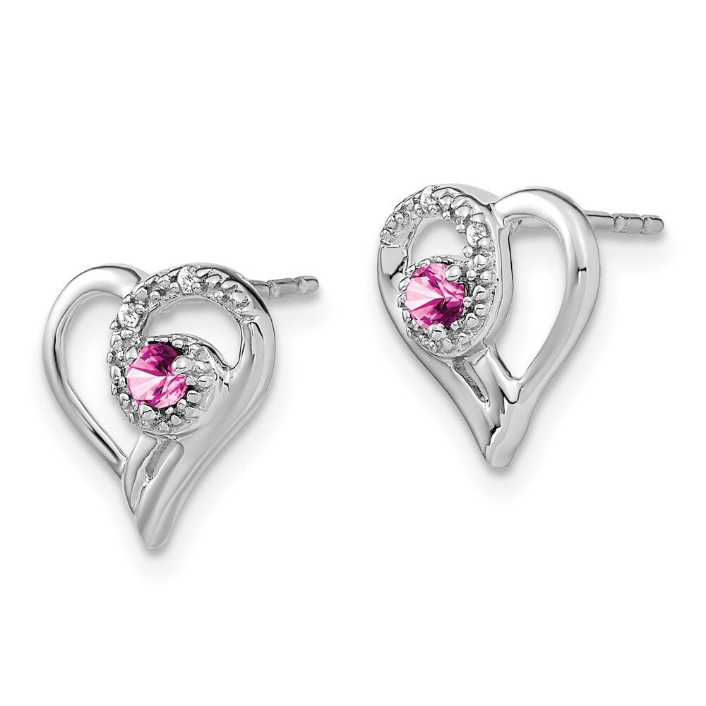 14k White Gold Pink Sapphire and Diamond Heart Stud Earrings