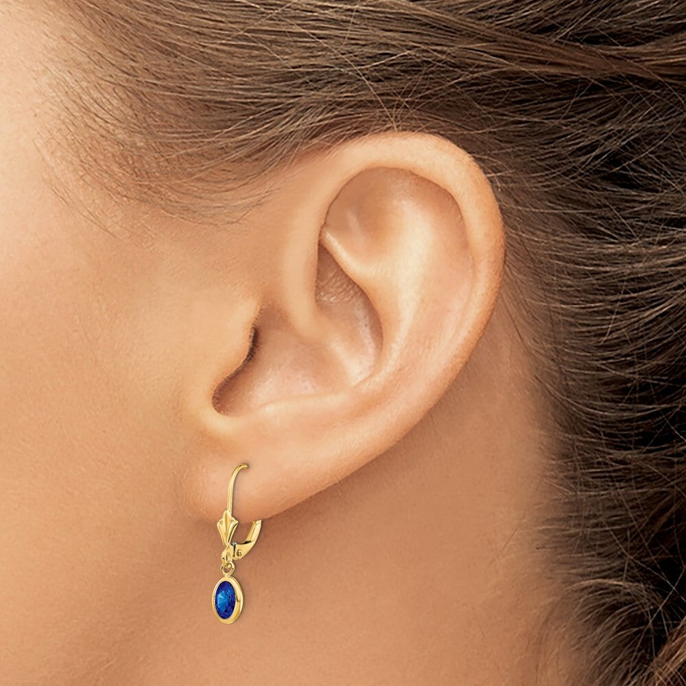 14k Yellow Gold 6x4 Oval Bezel September/Sapphire Dangle Earrings Leverback