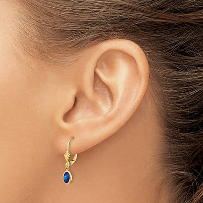 14k Yellow Gold 6x4 Oval Bezel September/Sapphire Dangle Earrings Leverback