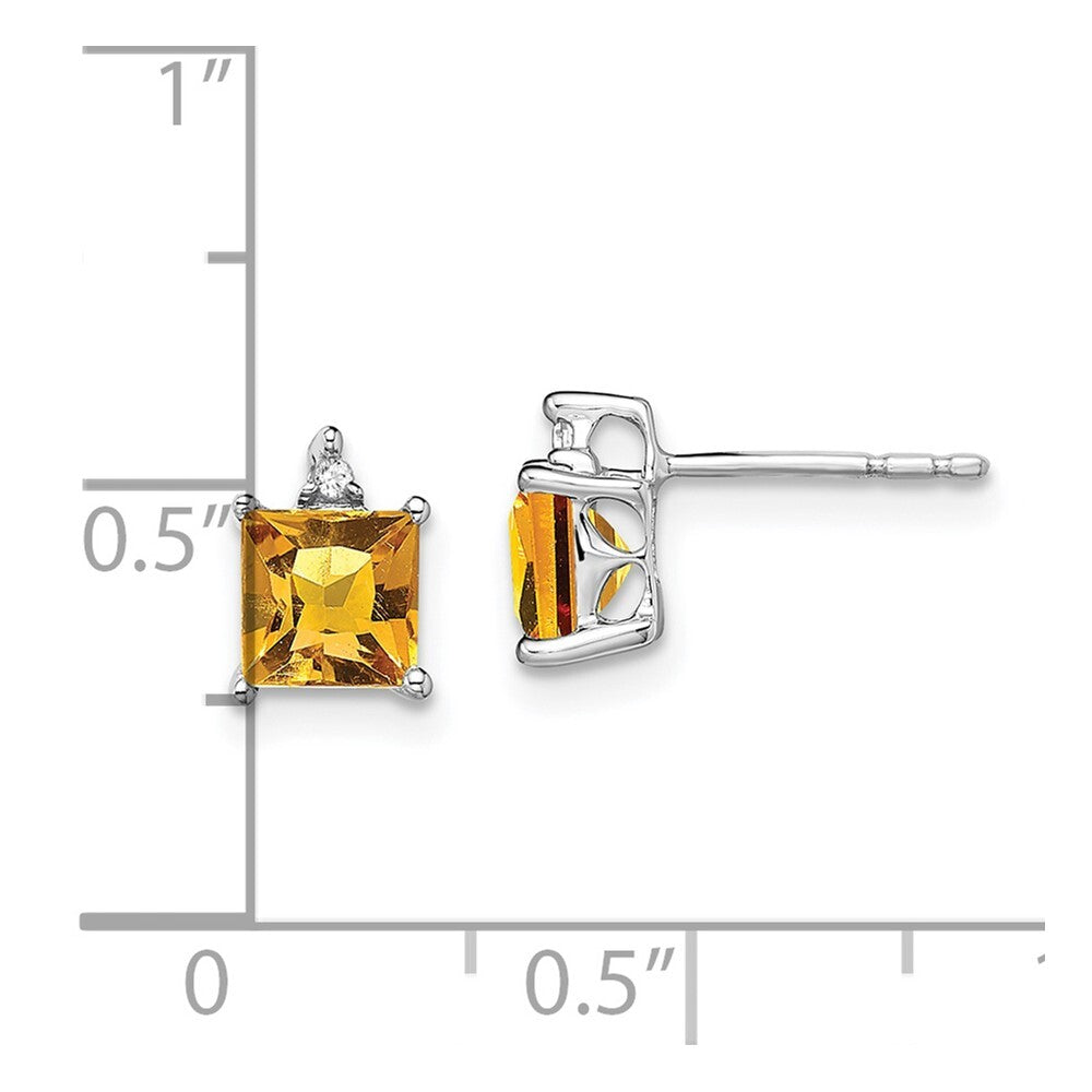 14k White Gold Princess Citrine and Diamond Stud Earrings
