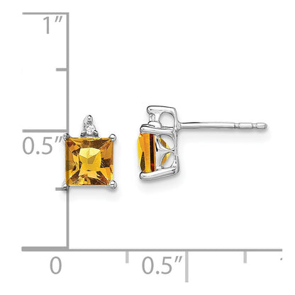 14k White Gold Princess Citrine and Diamond Stud Earrings