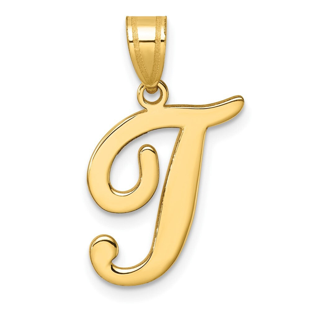 14k Yellow Gold Script Letter T Initial Pendant for Women