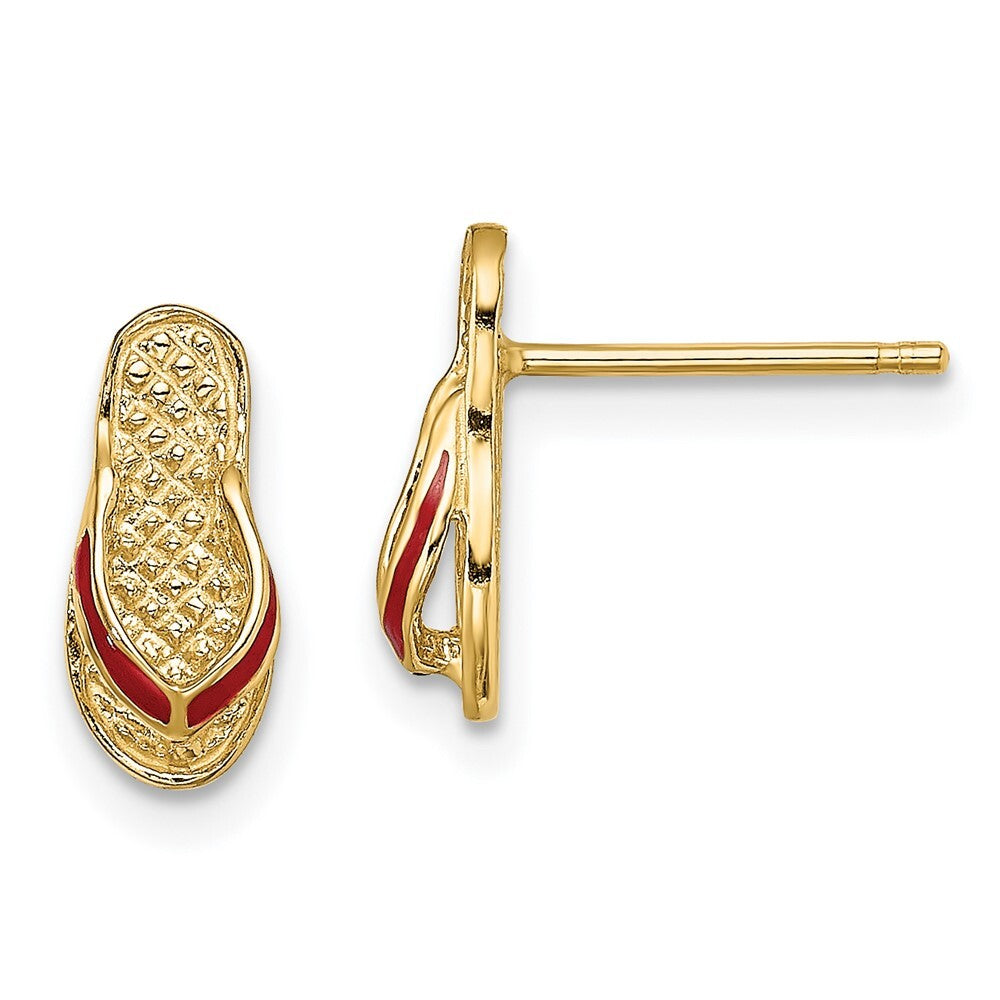 14k Yellow Gold 3D Red Enamel Flip-Flop Stud Earrings Gift for Women
