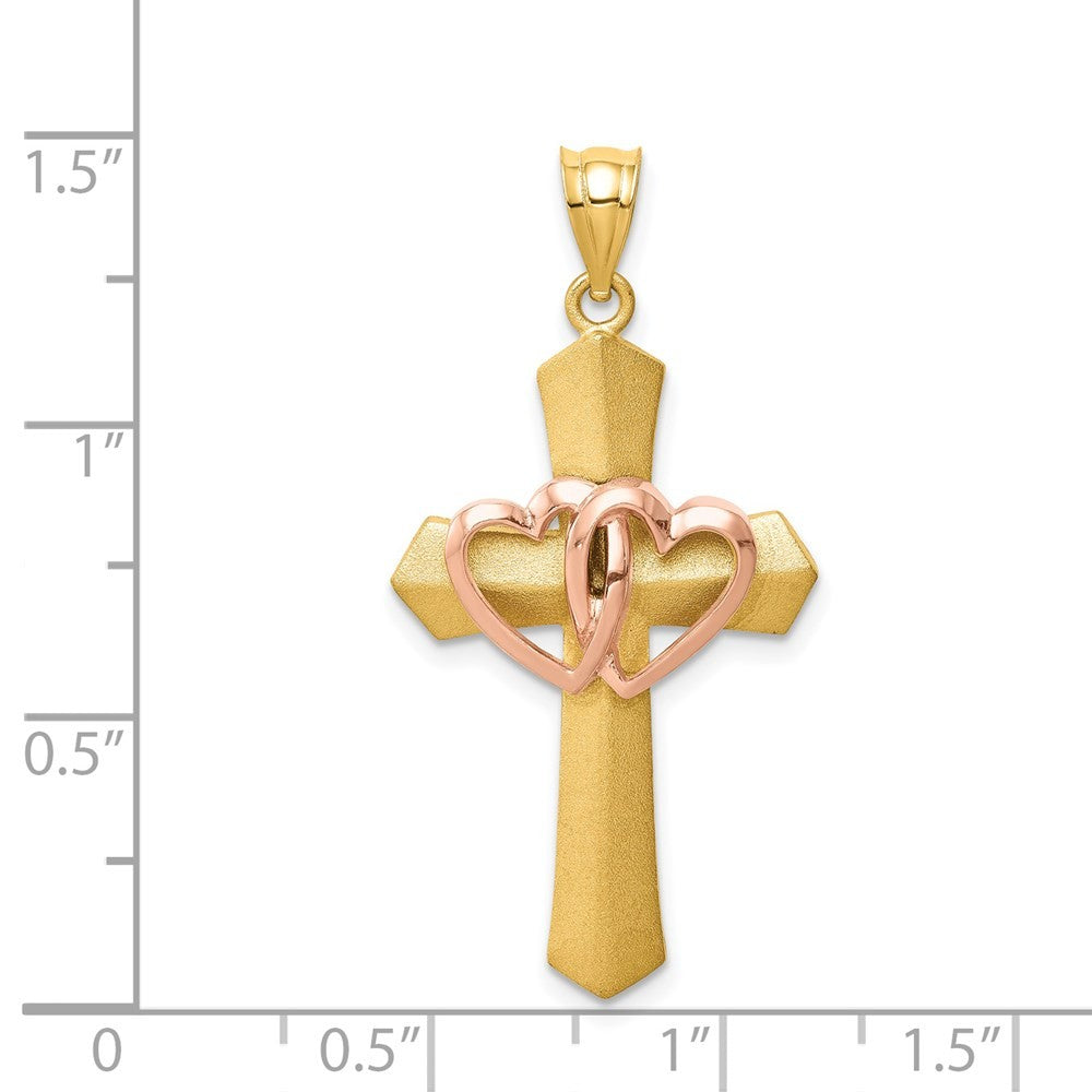 14k Two-Tone Gold Double Heart Cross Charm