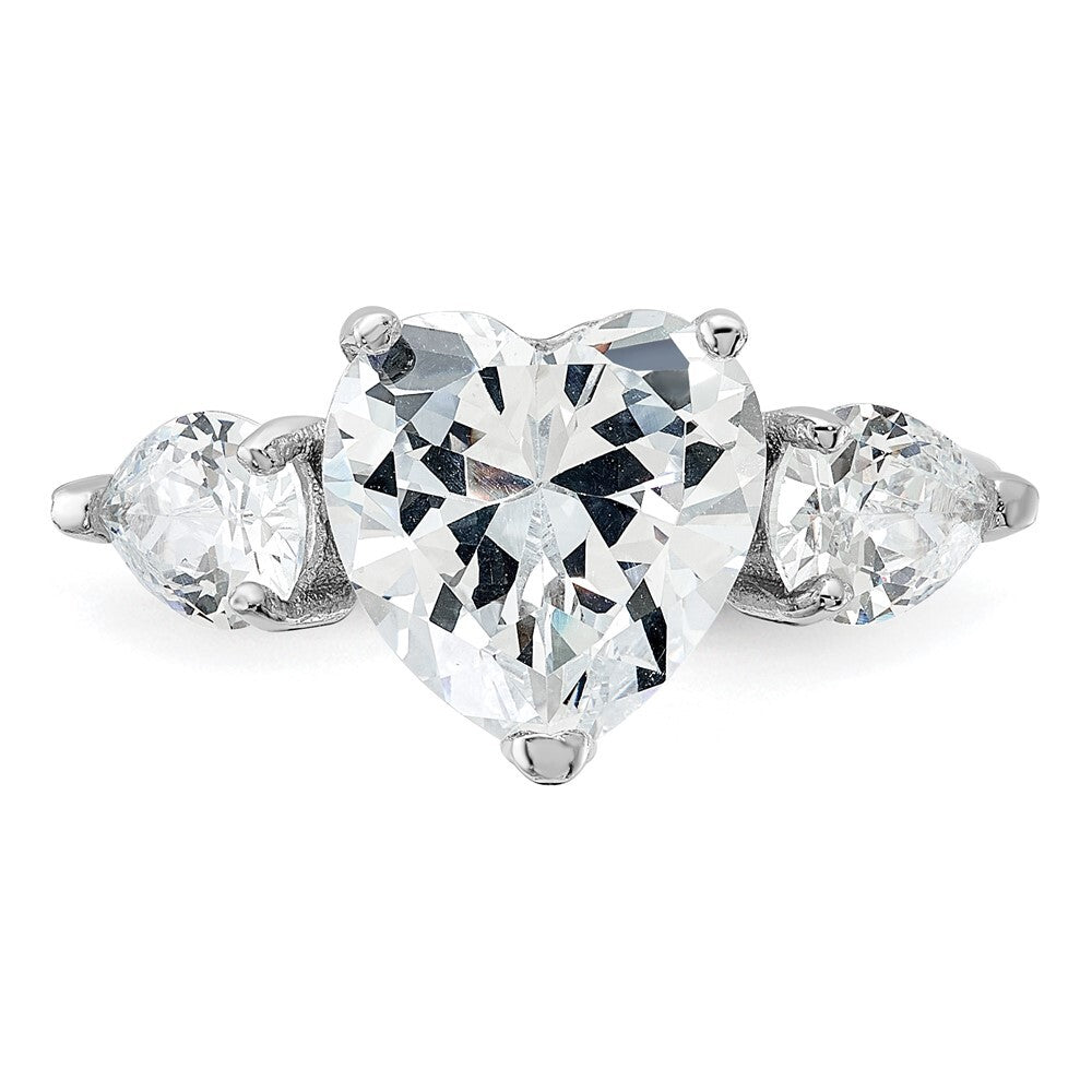 Sterling Silver Rhodium-plated Heart Shape Cubic Zirconia 3-Stone Ring Size 8