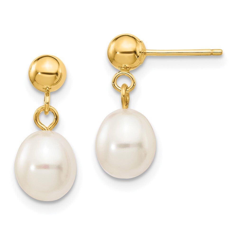 14k Yellow Gold 6-7mm White Rice Freshwater Cultured Pearl Dangle Earrings