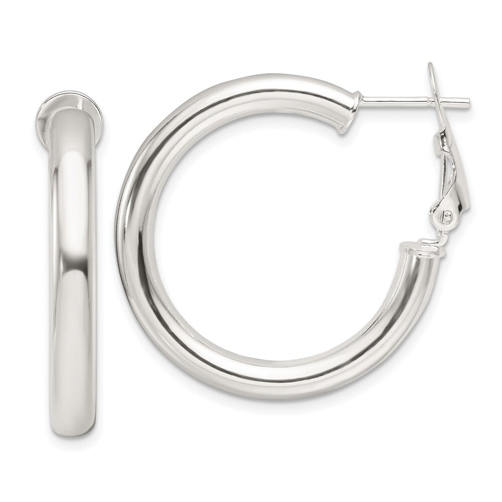 Sterling Silver Polished 30x4mm Omega Back Round Hoop Earrings