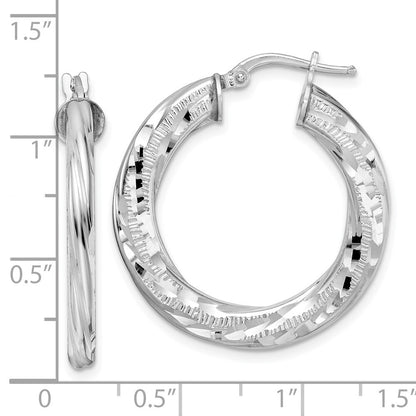 Sterling Silver Rhodium-plated 3x29mm Diamond-cut Twisted Tube Hoop Earrings