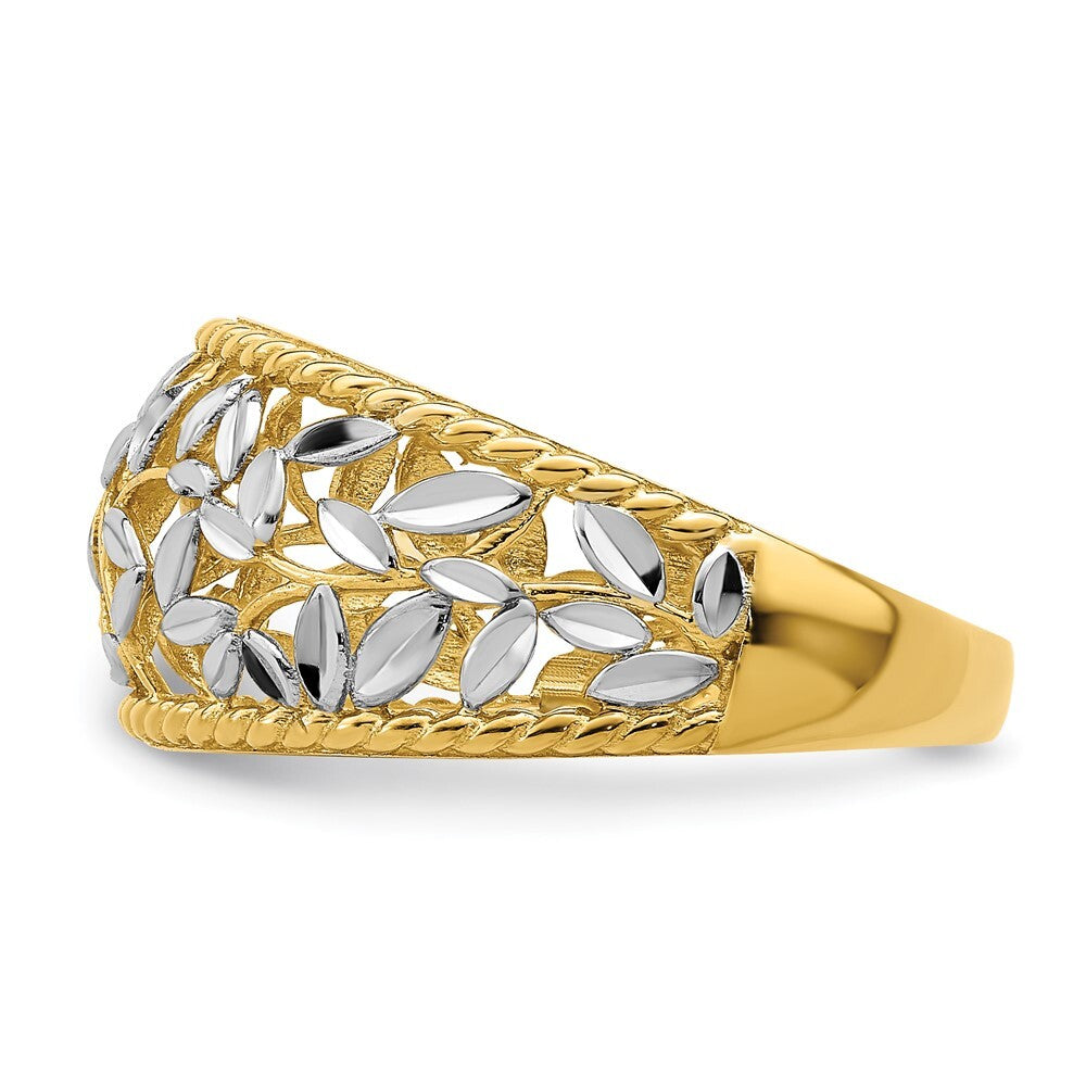 14K Yellow Gold w/Rhodium Diamond-cut Filigree Leaf Ring Size 7