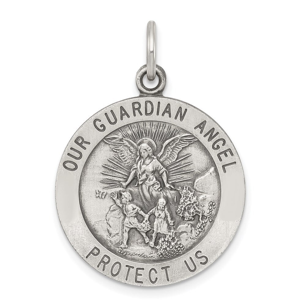 Sterling Silver Antiqued Guardian Angel Medal Pendant