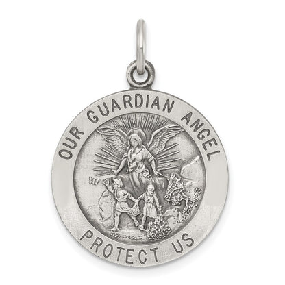 Sterling Silver Antiqued Guardian Angel Medal Pendant