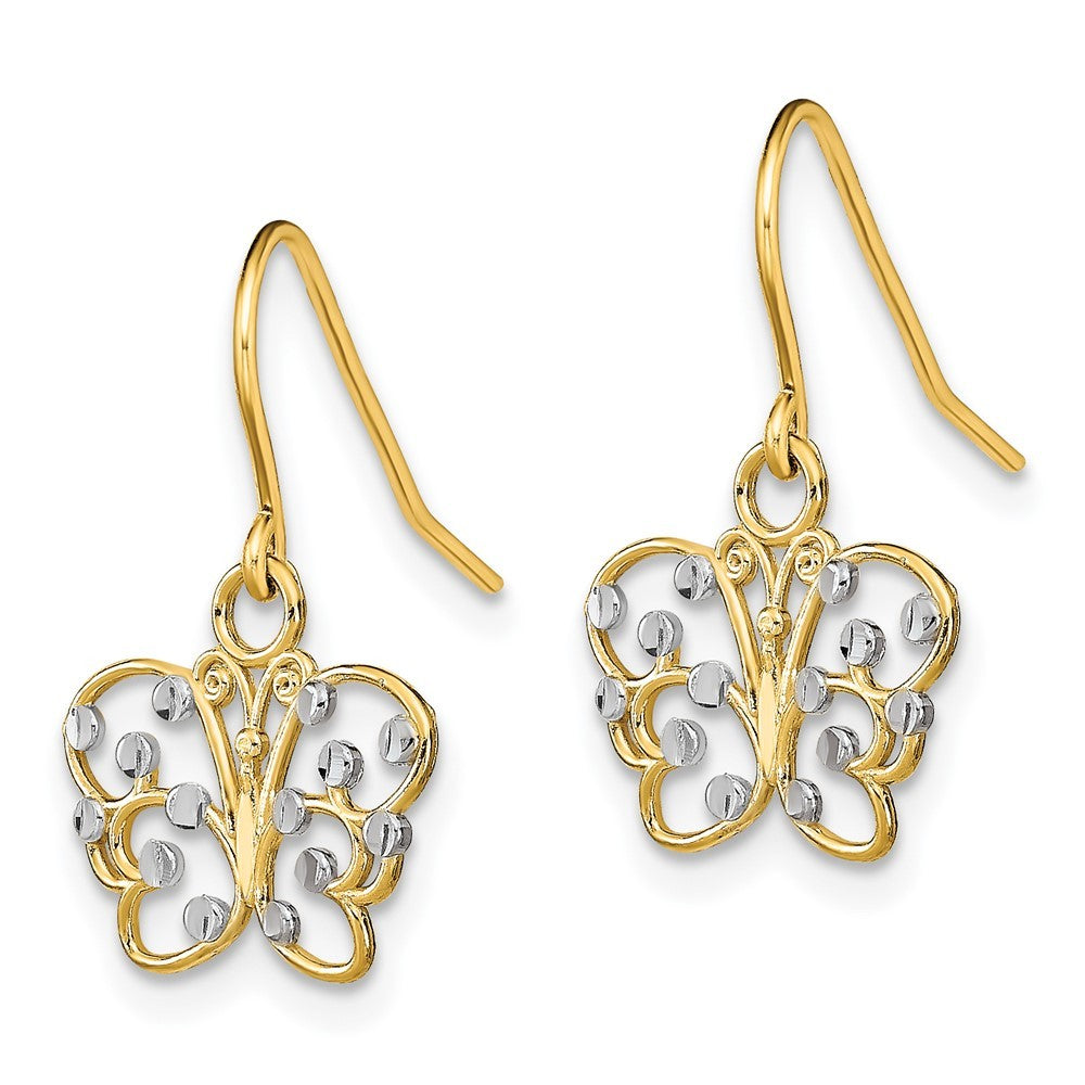 14k Yellow Gold w/ Rhodium Diamond-Cut Butterfly Wire Earrings