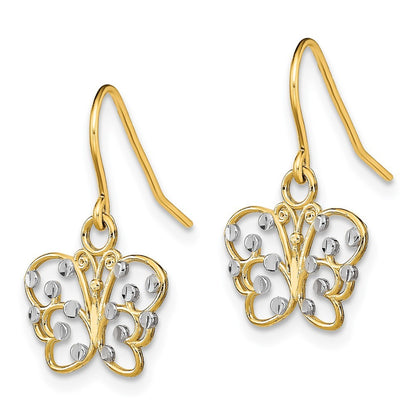 14k Yellow Gold w/ Rhodium Diamond-Cut Butterfly Wire Earrings