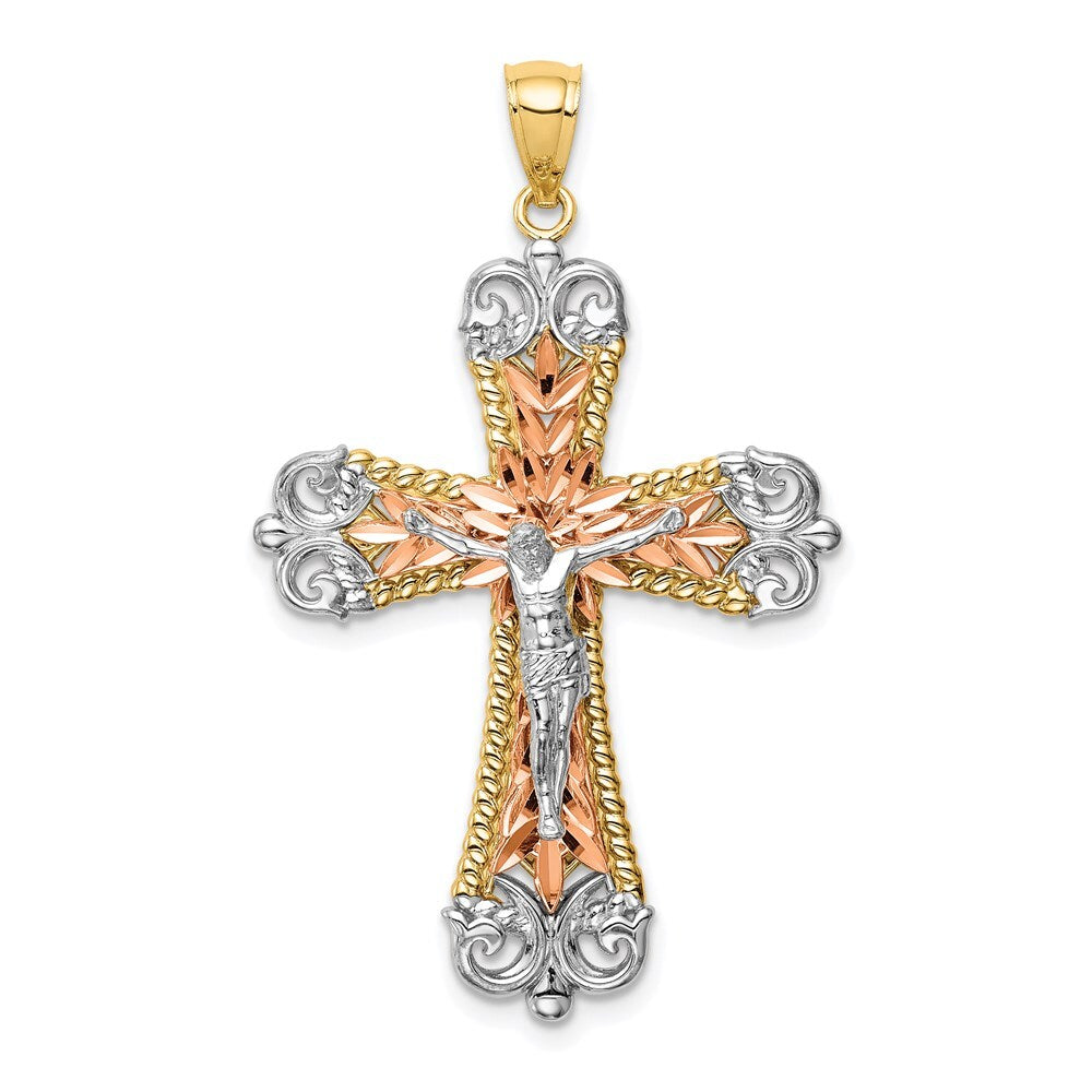 14k Tri-Color Gold Tri-Color Rhodium Crucifix Pendant for Women