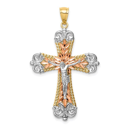 14k Tri-Color Gold Tri-Color Rhodium Crucifix Pendant for Women
