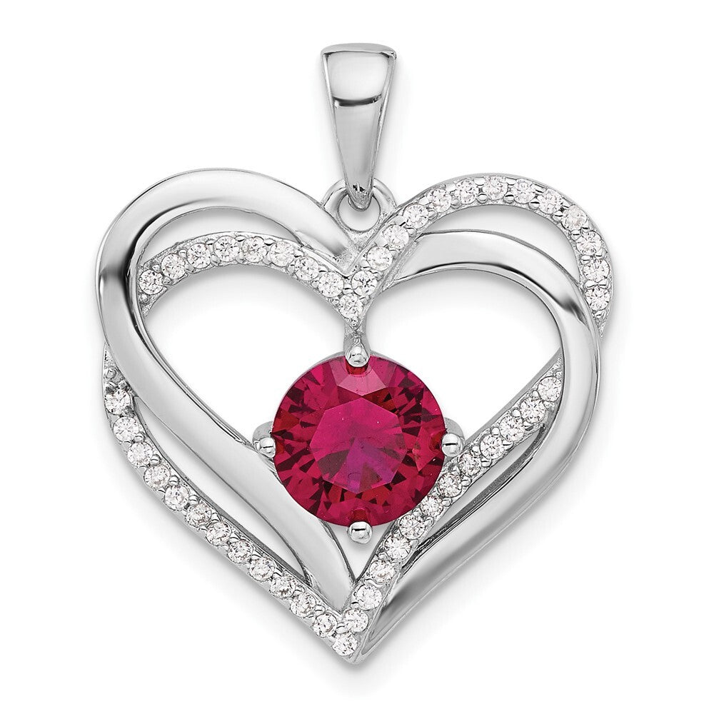 Sterling Silver Rhodium-plated Red and White Cubic Zirconia Double Heart Pendant
