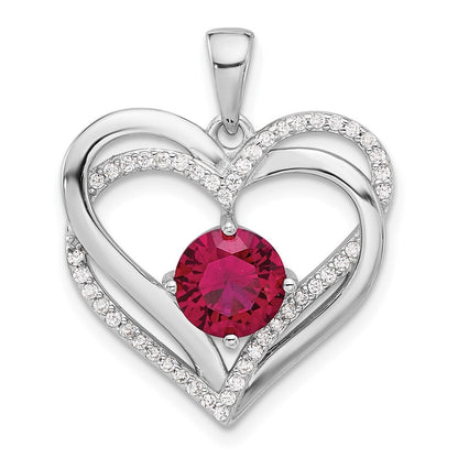 Sterling Silver Rhodium-plated Red and White Cubic Zirconia Double Heart Pendant