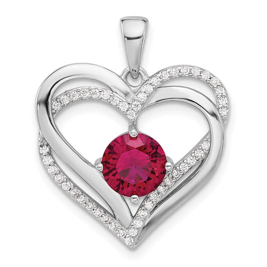 Sterling Silver Rhodium-plated Red and White Cubic Zirconia Double Heart Pendant