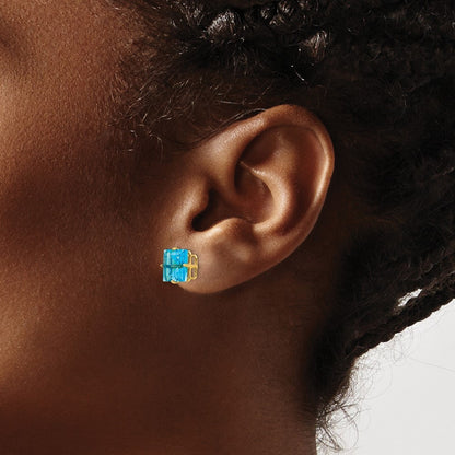 14k Yellow Gold 8mm Square Step Cut Blue Topaz Earrings