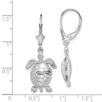 Sterling Silver Rhodium-plated Polished 3D Moveable Turtle Leverback Earrings