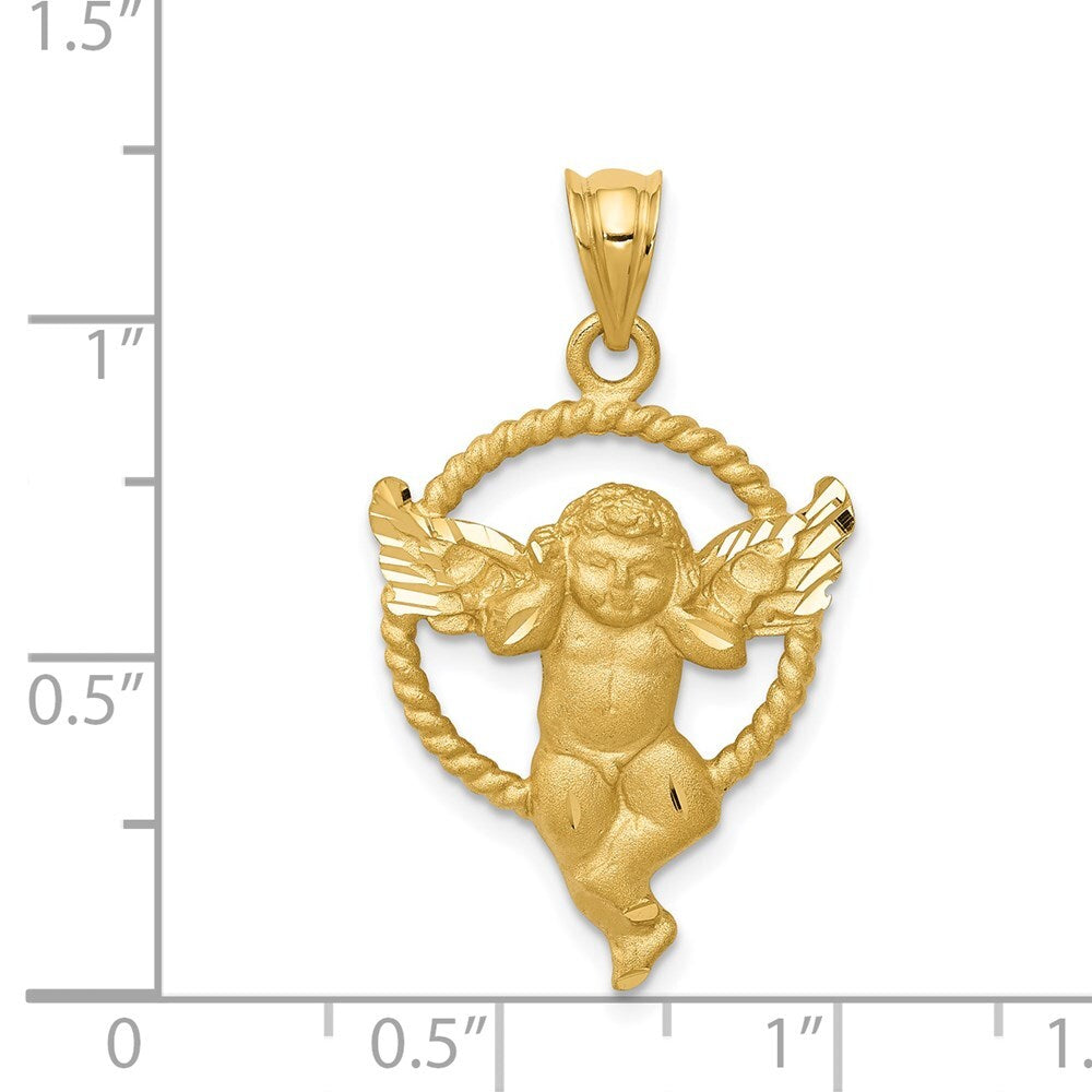 14k Yellow Gold Satin Angel in Circle Pendant