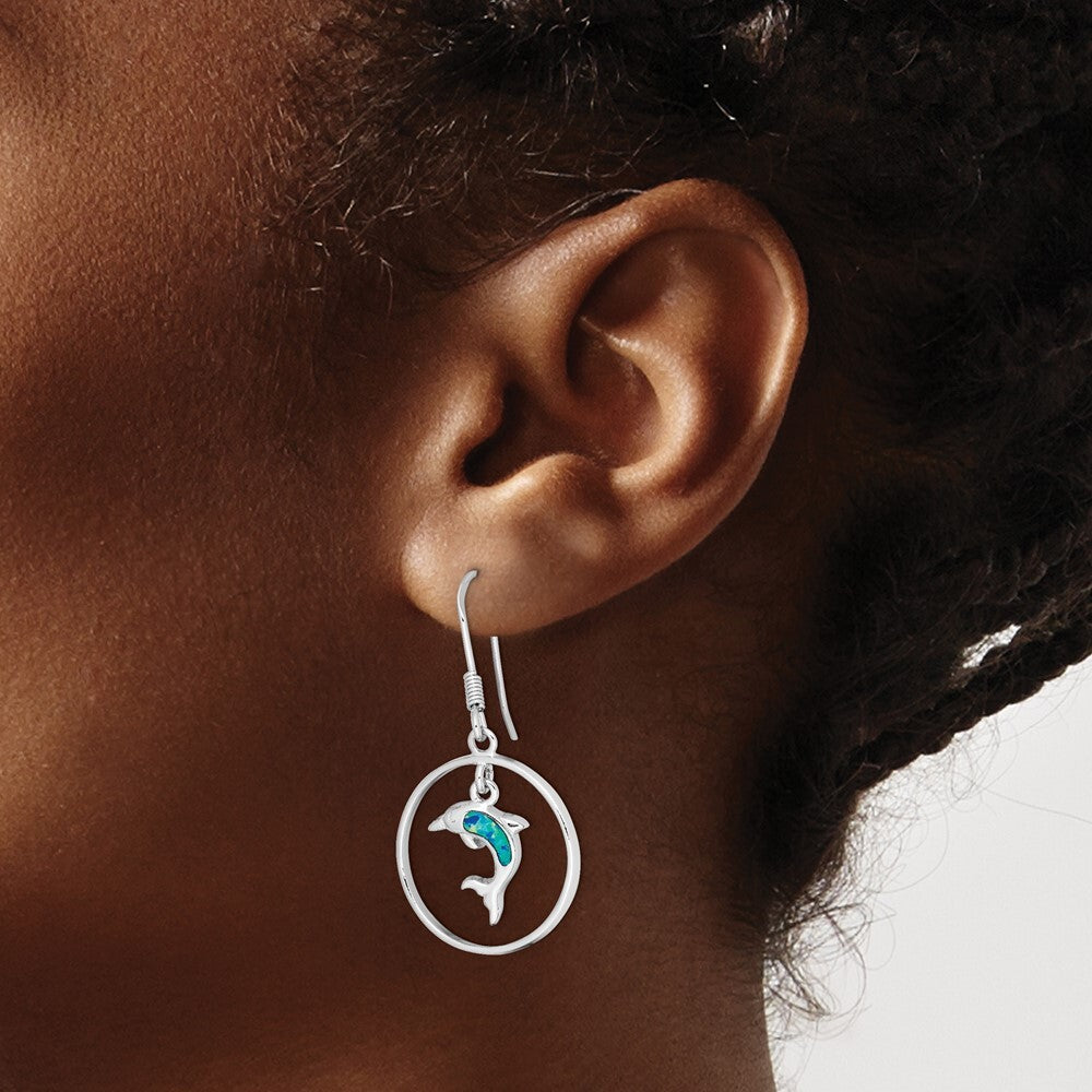 Sterling Silver Polished Created Blue Opal Dolphin Dangle Earrings
