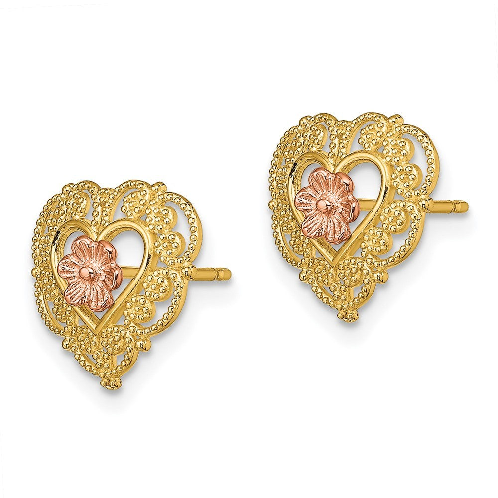 14k Two-tone Gold w/ Lace Trim and Flower Heart Earrings