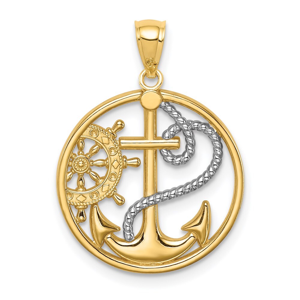 14k Yellow Gold  Rhodium Cross Anchor Captain Wheel Pendant for Women