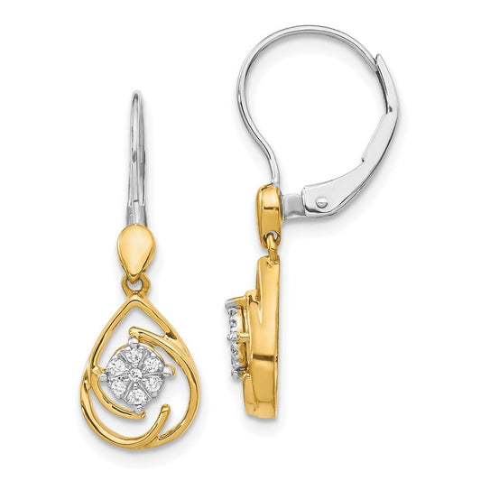 14k Two-tone Gold Diamond Teardrop Dangle Leverback Earrings