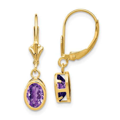 14k Yellow Gold 7x5mm Oval Amethyst Leverback Earrings Gift for Women