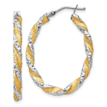 14k White Gold & Yellow Rhodium Twisted Diamond-Cut Oval Hoop Earrings