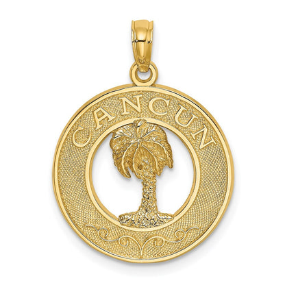14k Yellow Gold CANCUN Palm Tree Circle Charm Pendant for Women