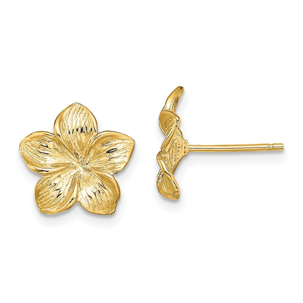 14k Yellow Gold Plumeria Flower Stud Earrings Gift for Women