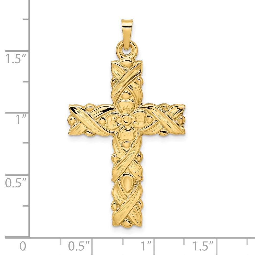 14k Yellow Gold Polished and Textured Floral Solid Cross Pendant