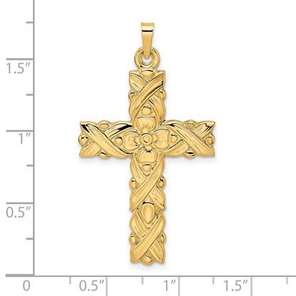 14k Yellow Gold Polished and Textured Floral Solid Cross Pendant