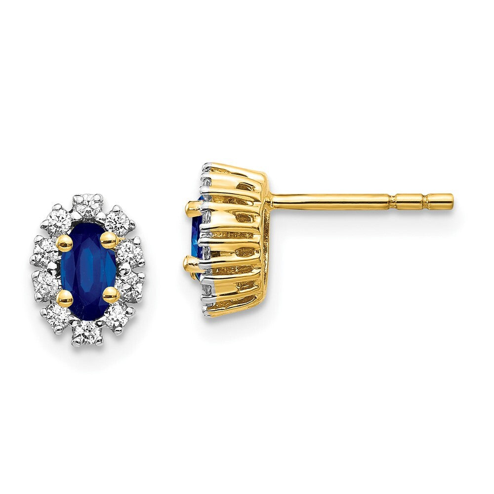 14k Yellow Gold Diamond and Sapphire Oval Halo Stud Earrings