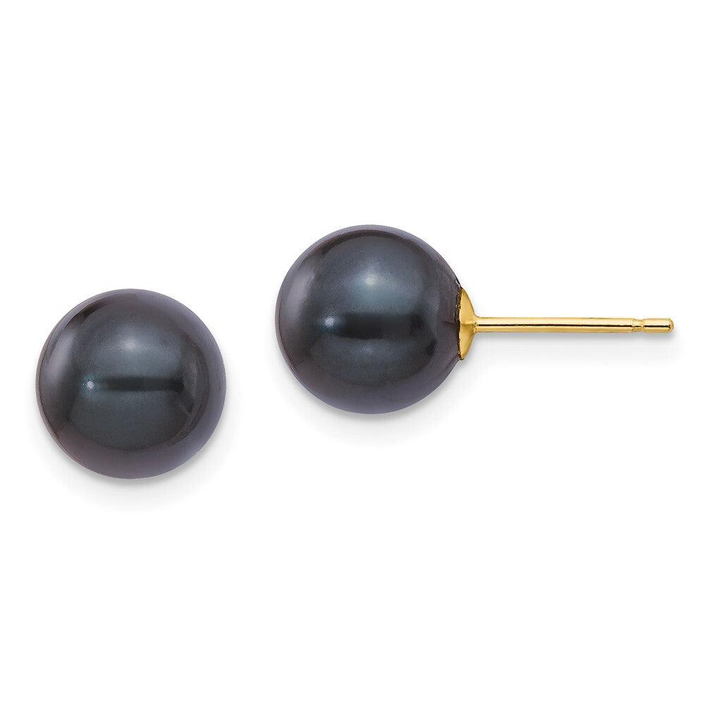 14k Yellow Gold 8-9mm Black Round Akoya Saltwater Cultured Pearl Stud Earrings