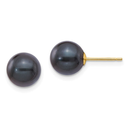 14k Yellow Gold 8-9mm Black Round Akoya Saltwater Cultured Pearl Stud Earrings