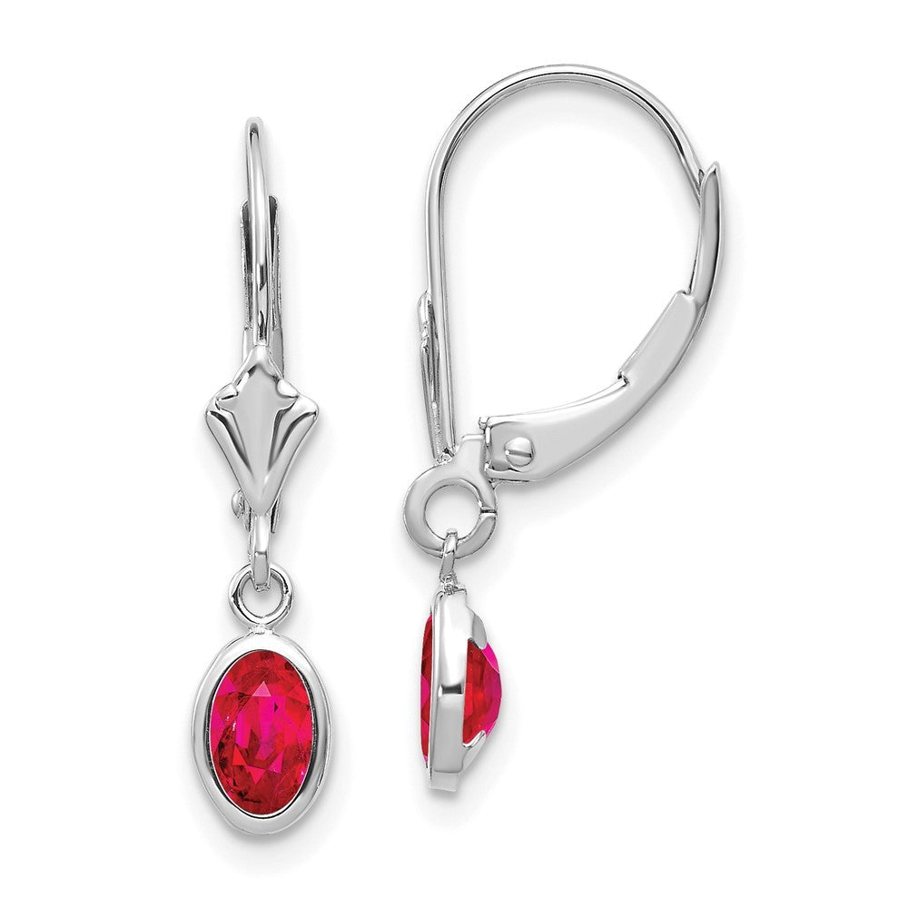 14k White Gold 6x4 Oval Bezel Ruby Drop Dangle Earrings